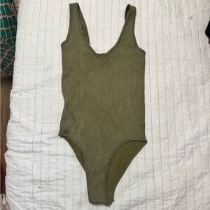Aura Olive Ribbed Tank Bodysuit One-Piece for Kids